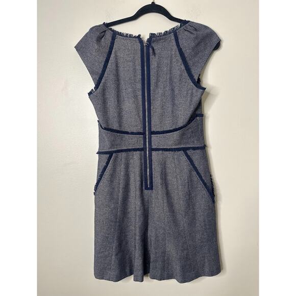 Rebecca Taylor Tweed Sheath Mini Dress Size 8 Blue Wool Blend Fray Fringe Career - Picture 4 of 9